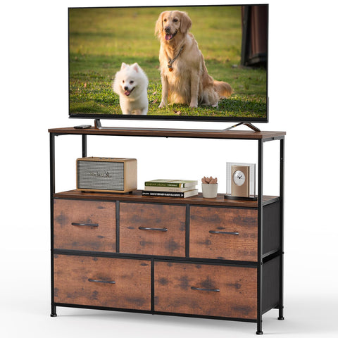 DUMOS TV stand with open shelf for easy media access and cable management.