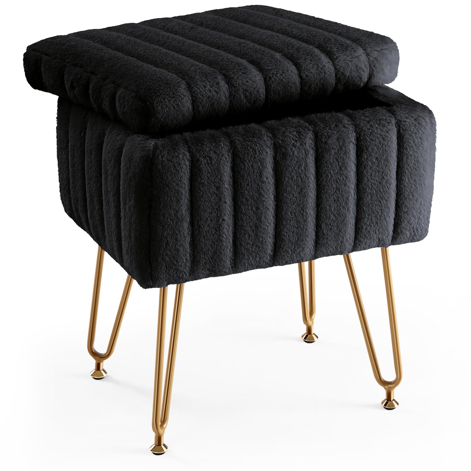DUMOS vanity stool with hidden storage keeps cosmetics organized.