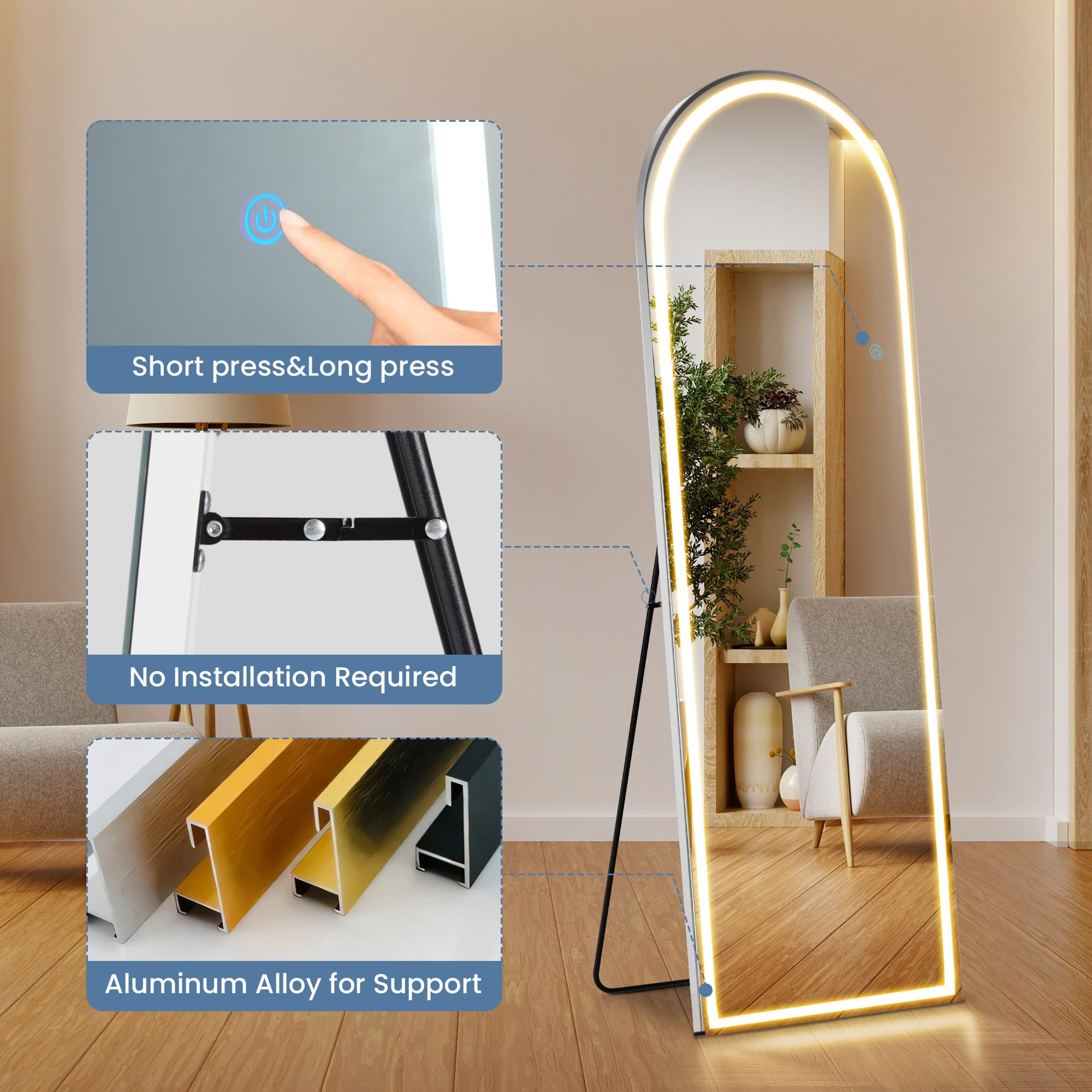 DUMOS arched mirror with adjustable stand ready for bedroom or bathroom use.