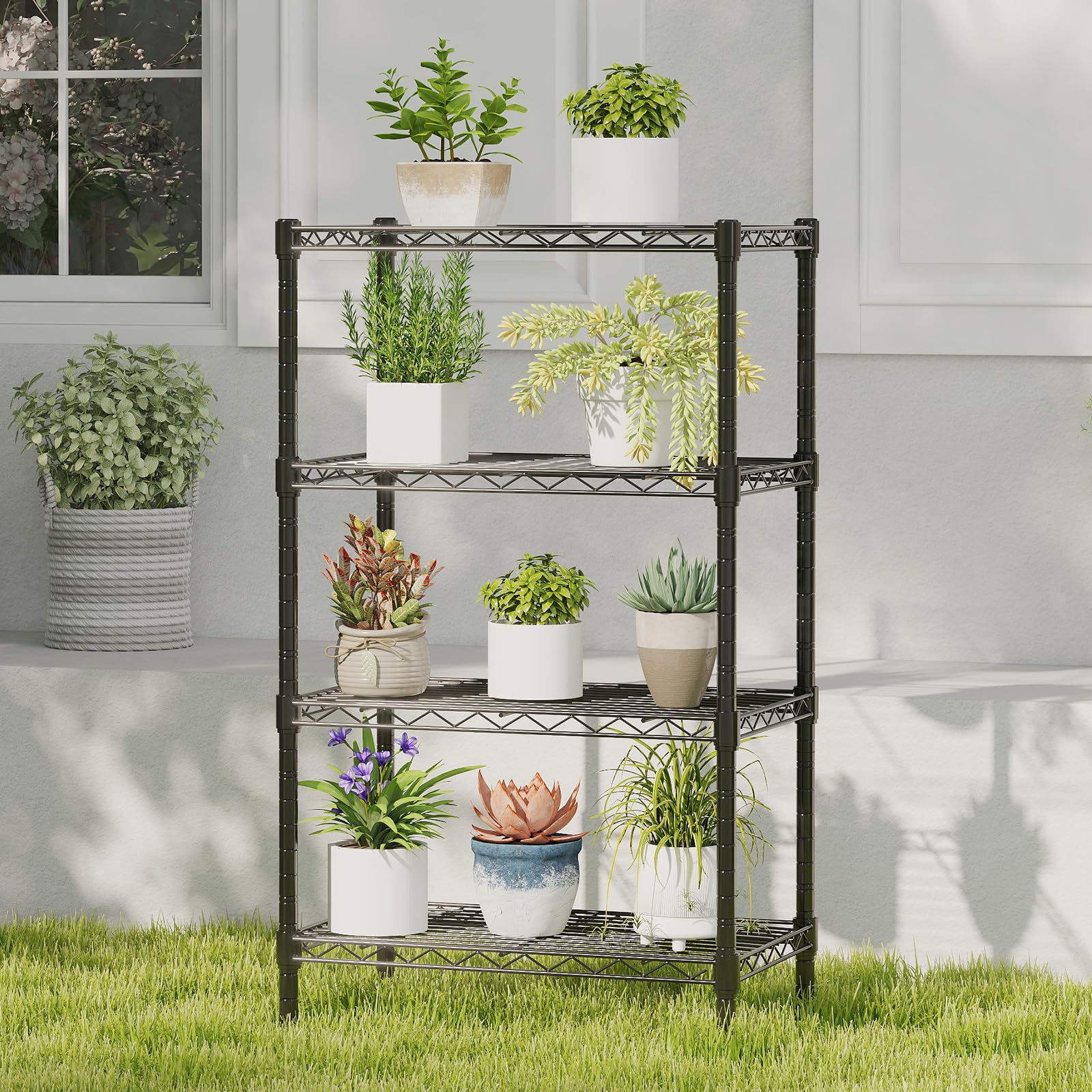 DUMOS weatherproof metal rack suitable for outdoor garages and patios.