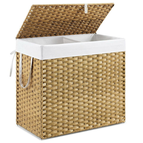 DUMOS wicker laundry basket with lid for odor control and tidy bedrooms.