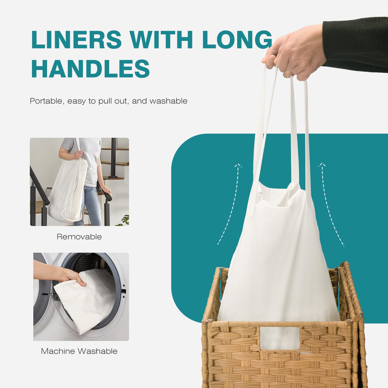 DUMOS wicker basket with removable liner simplifies washing and freshness.