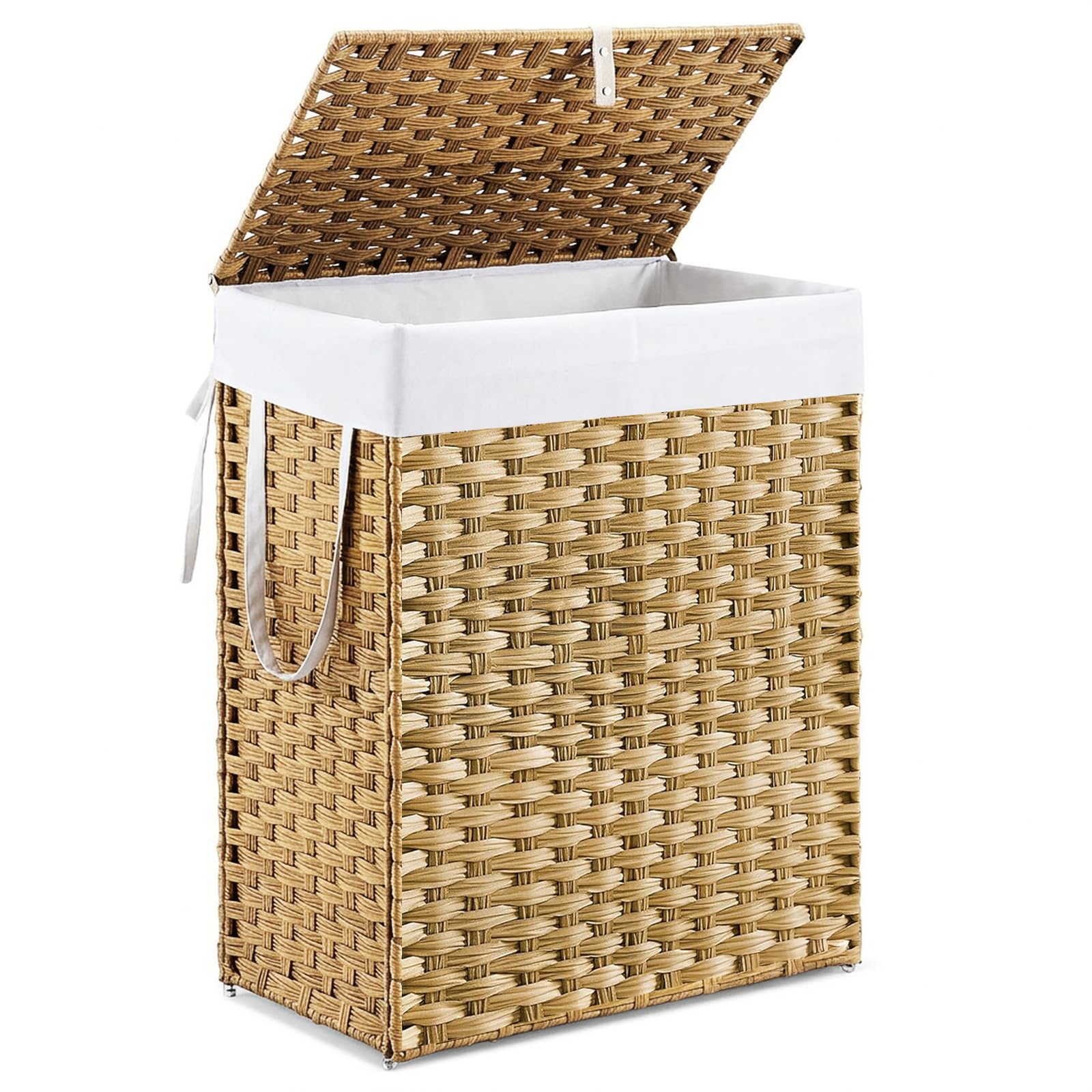 DUMOS woven laundry basket with lid showing concealed laundry and odor control.