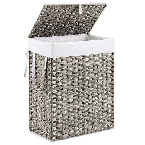 DUMOS woven laundry basket with lid keeps odors discreet and laundry out of sight