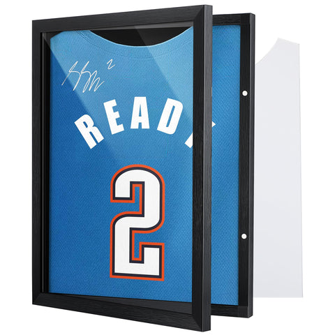 Dunkive 18x14 black imitation wood frame showcases t shirt display with museum-style presentation.