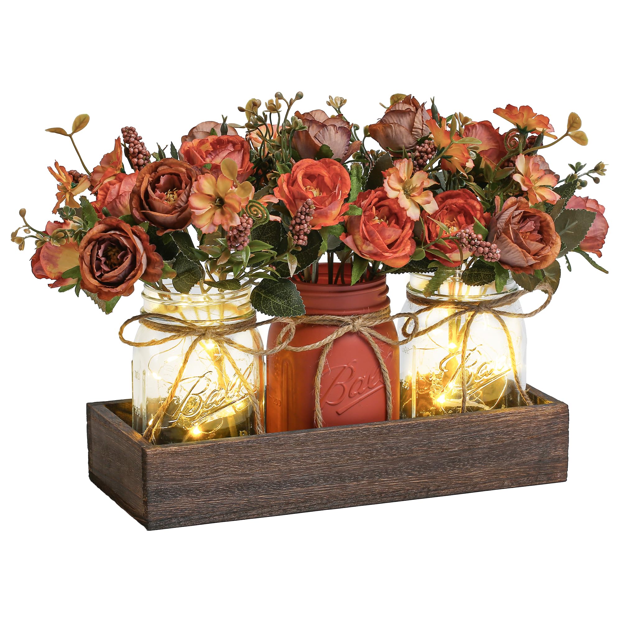 DUOER 3-pcs mason jar centerpiece with LED light on wood tray for ambient table decor