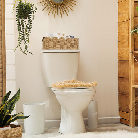 DUOER beige-wicker-basket-on-dresser keeps small items neatly stored.