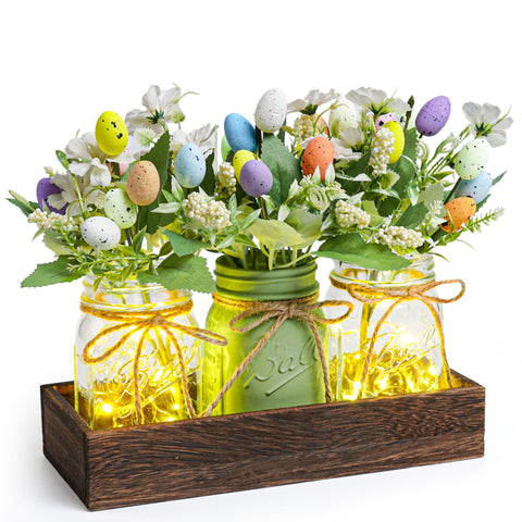 DUOER Easter centerpiece on wood tray with LED glow for dining tables