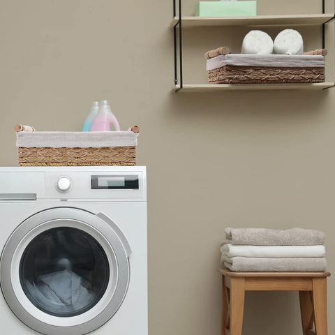 DUOER beige round basket with handles side view for easy relocation