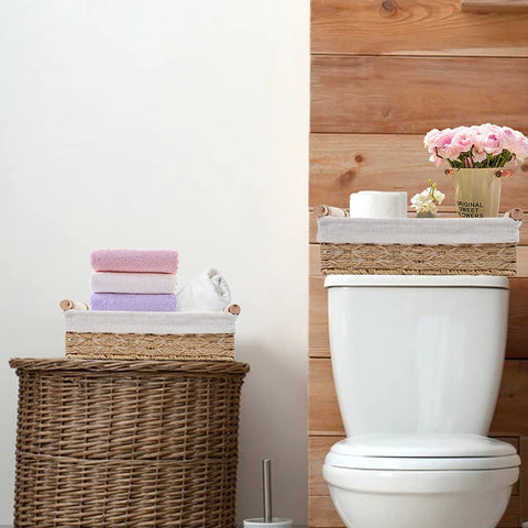 DUOER beige round basket on toilet tank top for bathroom essentials