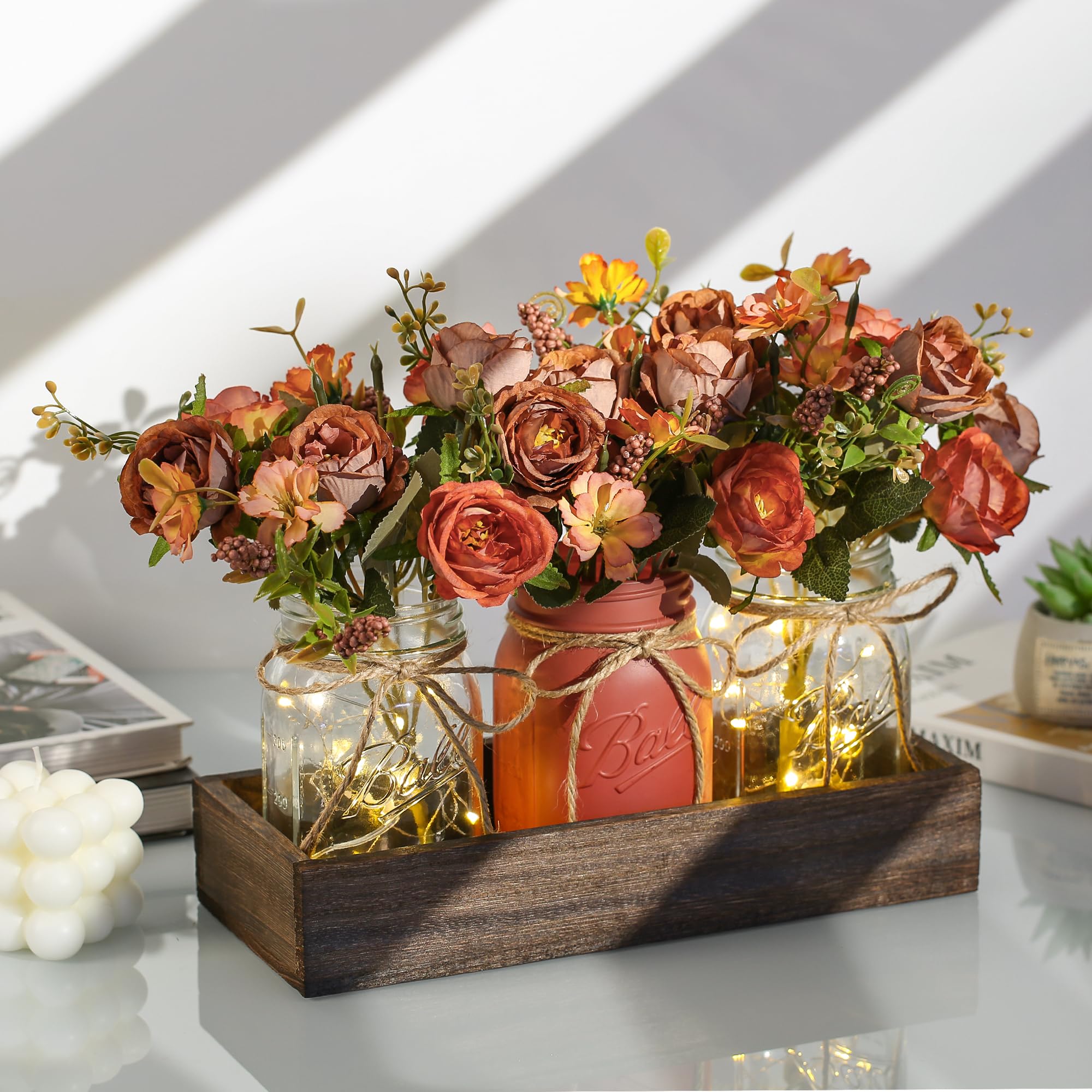 DUOER rustic farmhouse dining table decor with mason jars and flowers