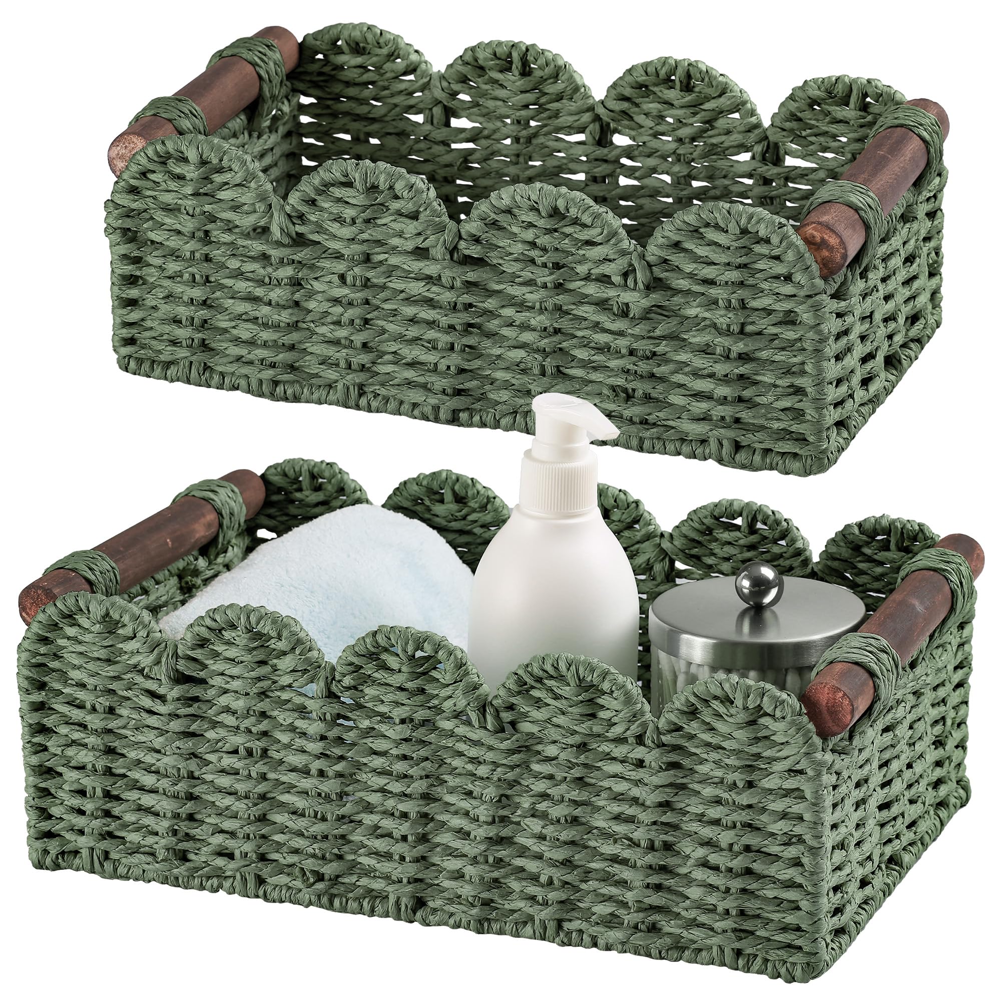 DUOER storage basket on the toilet tank top in green for bathroom organization.