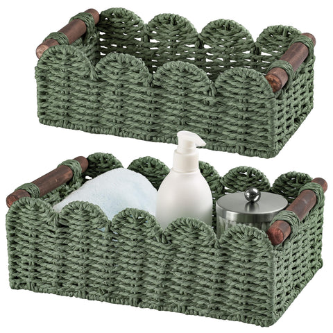 DUOER storage basket on the toilet tank top in green for bathroom organization.