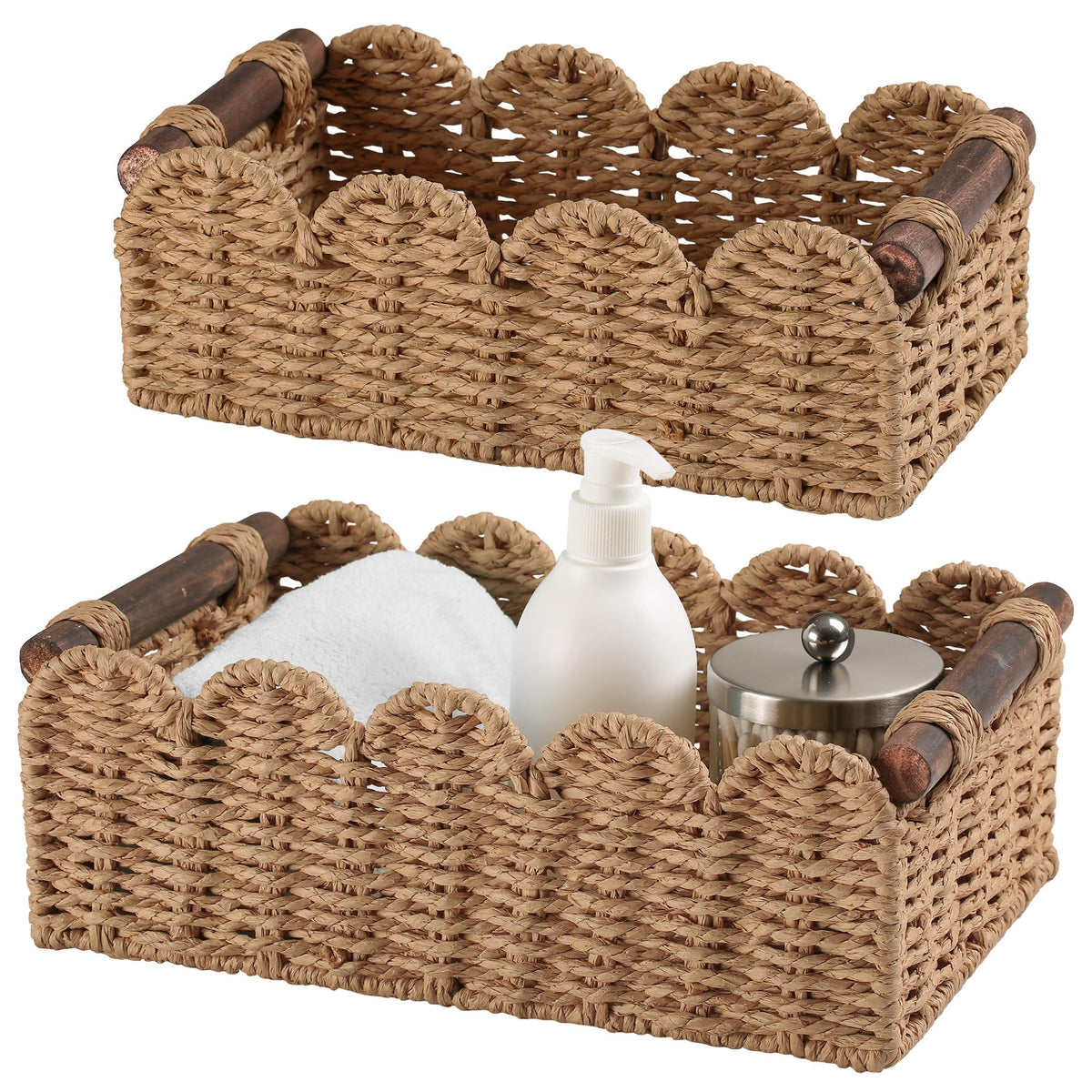 DUOER storage basket on toilet tank top for neat bathroom organization.