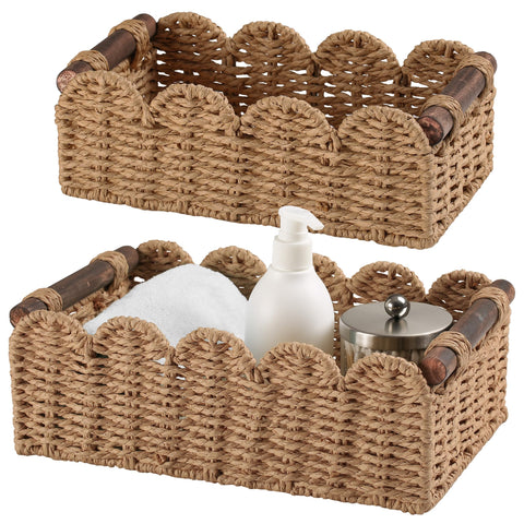 DUOER storage basket on toilet tank top for neat bathroom organization.