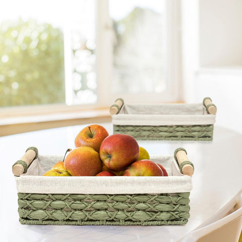 DUOER wicker basket for toilet tank top storage keeps toiletries within reach.