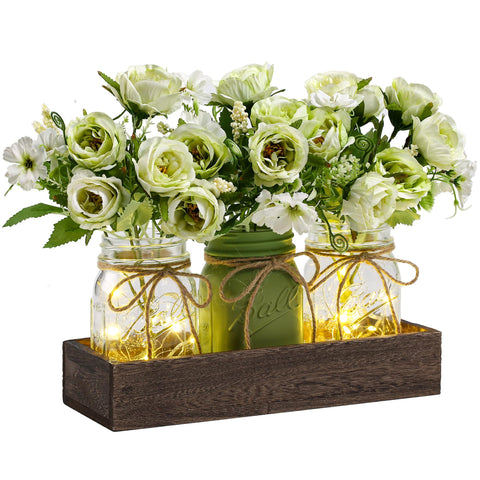 DUOER wood tray centerpiece with mason jars and LED lights for cozy dining tables.