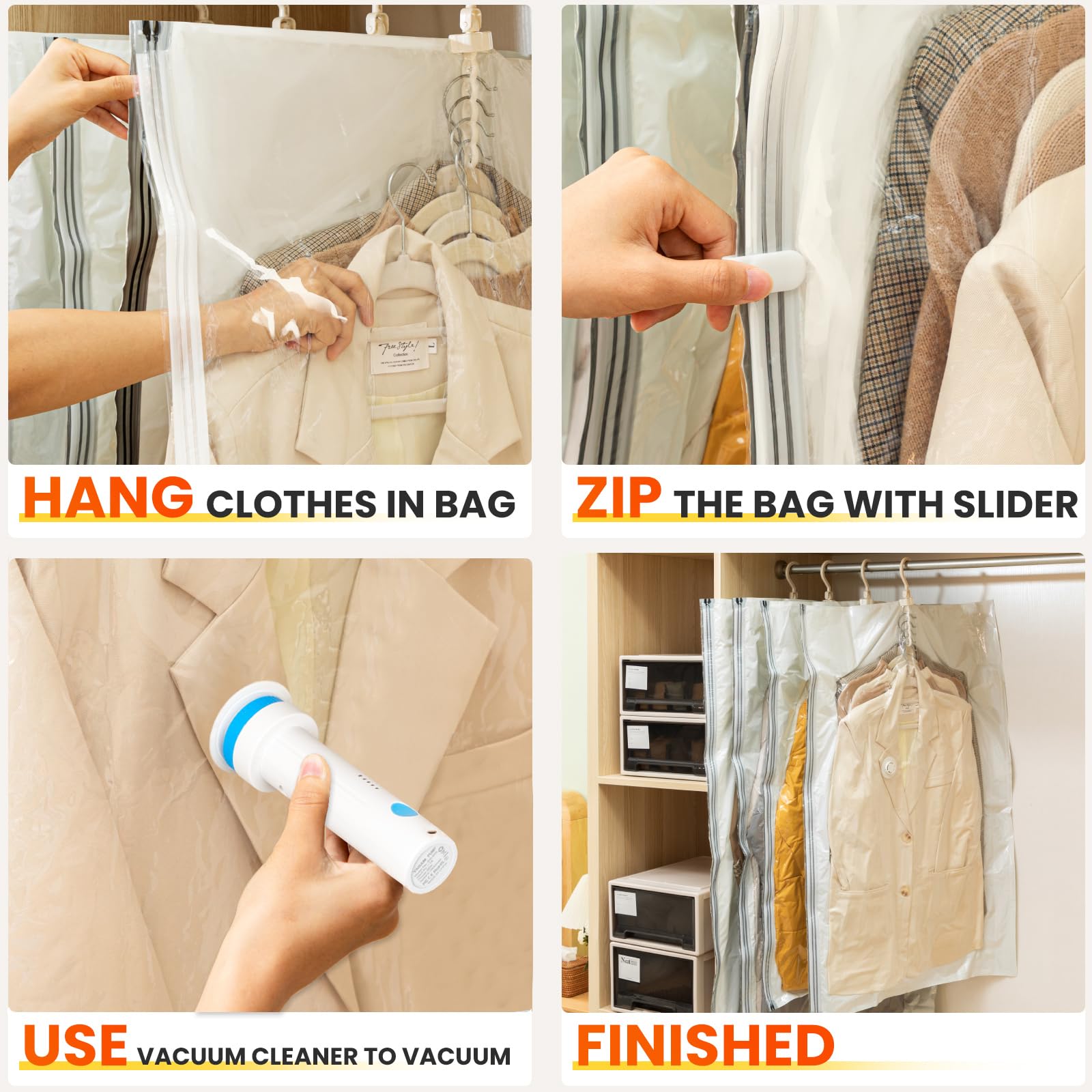 DUORAN compact storage in luggage using hanging vacuum bags.