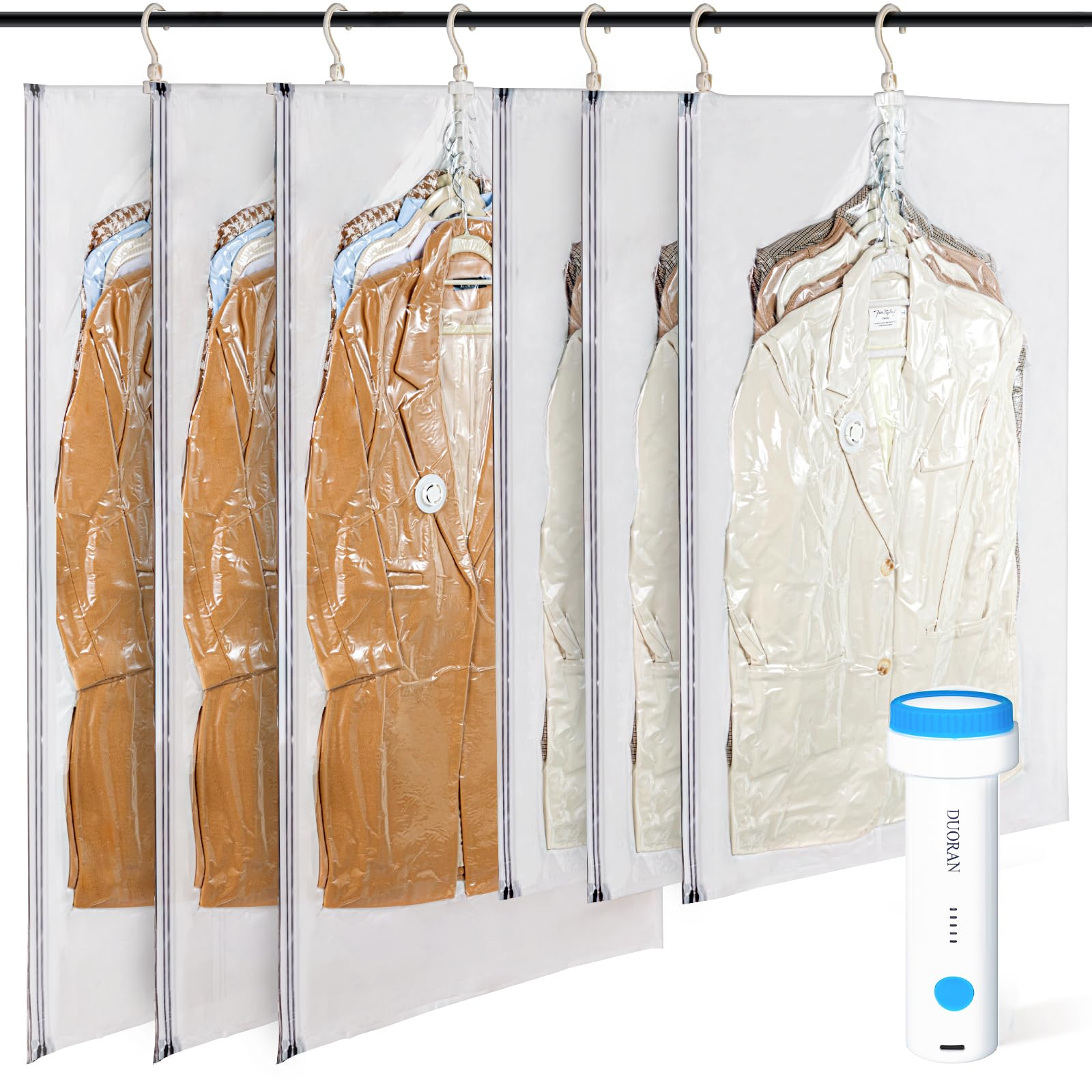 DUORAN hanging vacuum storage bag organizing long coats to save closet space.