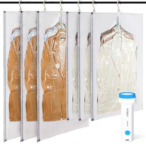 DUORAN hanging vacuum storage bag organizing long coats to save closet space.