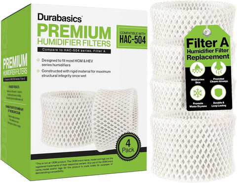 Durabasics HAC-504 pack overview showing four premium filters for steady moisture output.