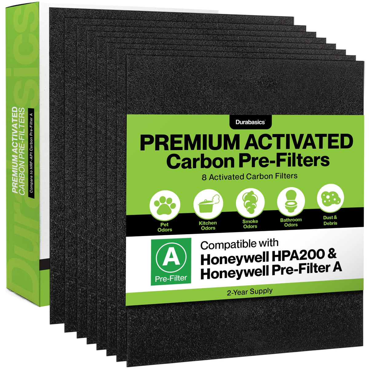 Durabasics HPA200 eight-pack prefilter ready for precise installation and odor control.