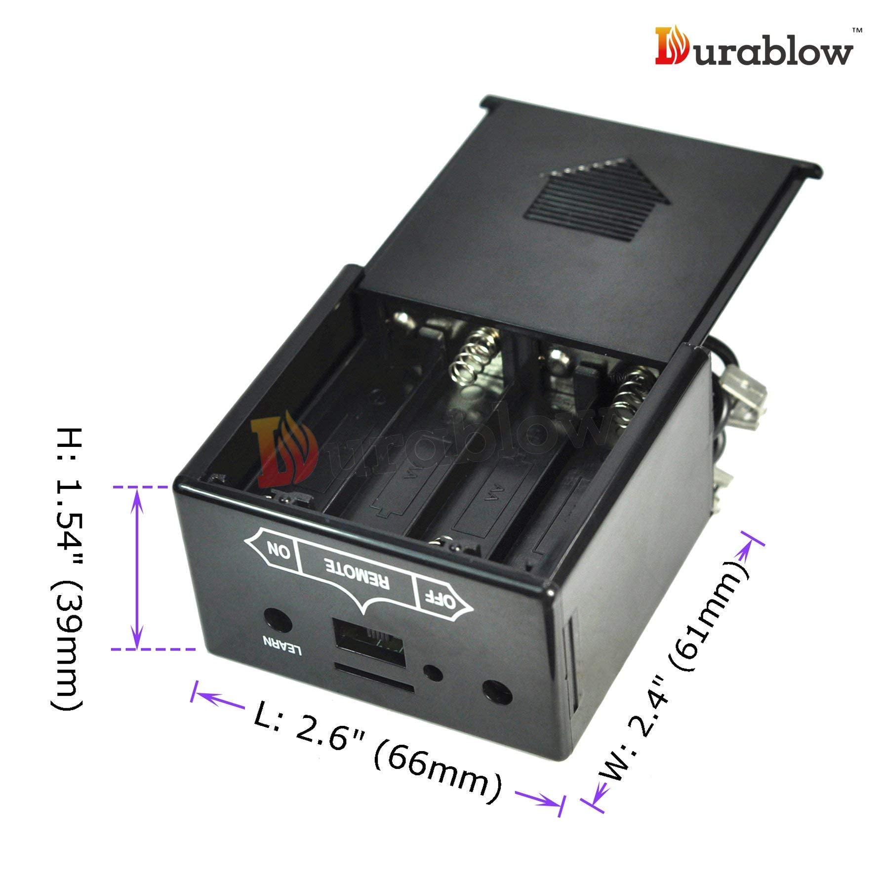 Durablow TR1003 AAA battery compartments powering transmitter.
