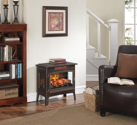 Duraflame brick-back panel adds rustic charm while heating the space.