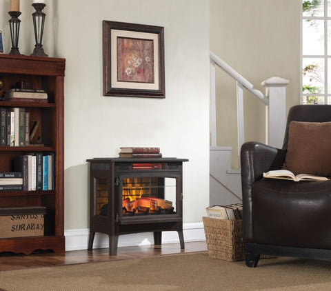 Duraflame bronze glass door opens for easy flame access.