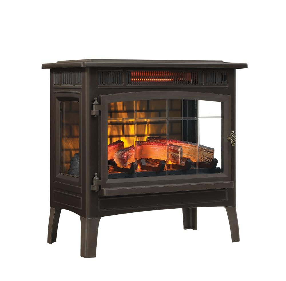Duraflame freestanding stove with side viewing windows provides warm ambiance.