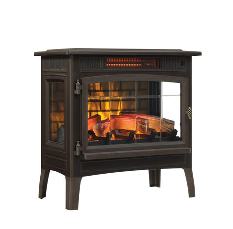 Duraflame freestanding stove with side viewing windows provides warm ambiance.