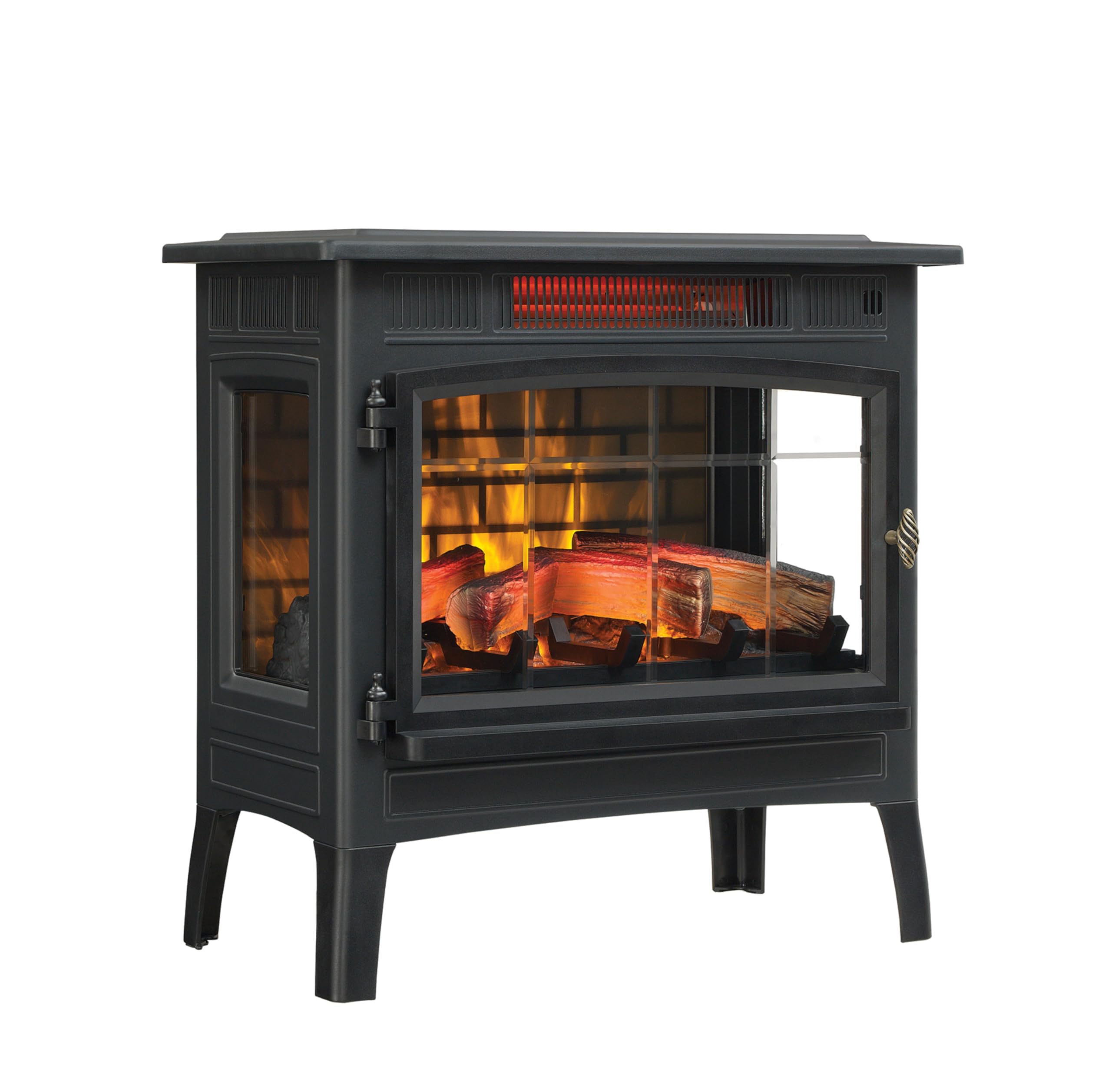 Duraflame stove front view showing 3D flames and brick back panel for ambiance