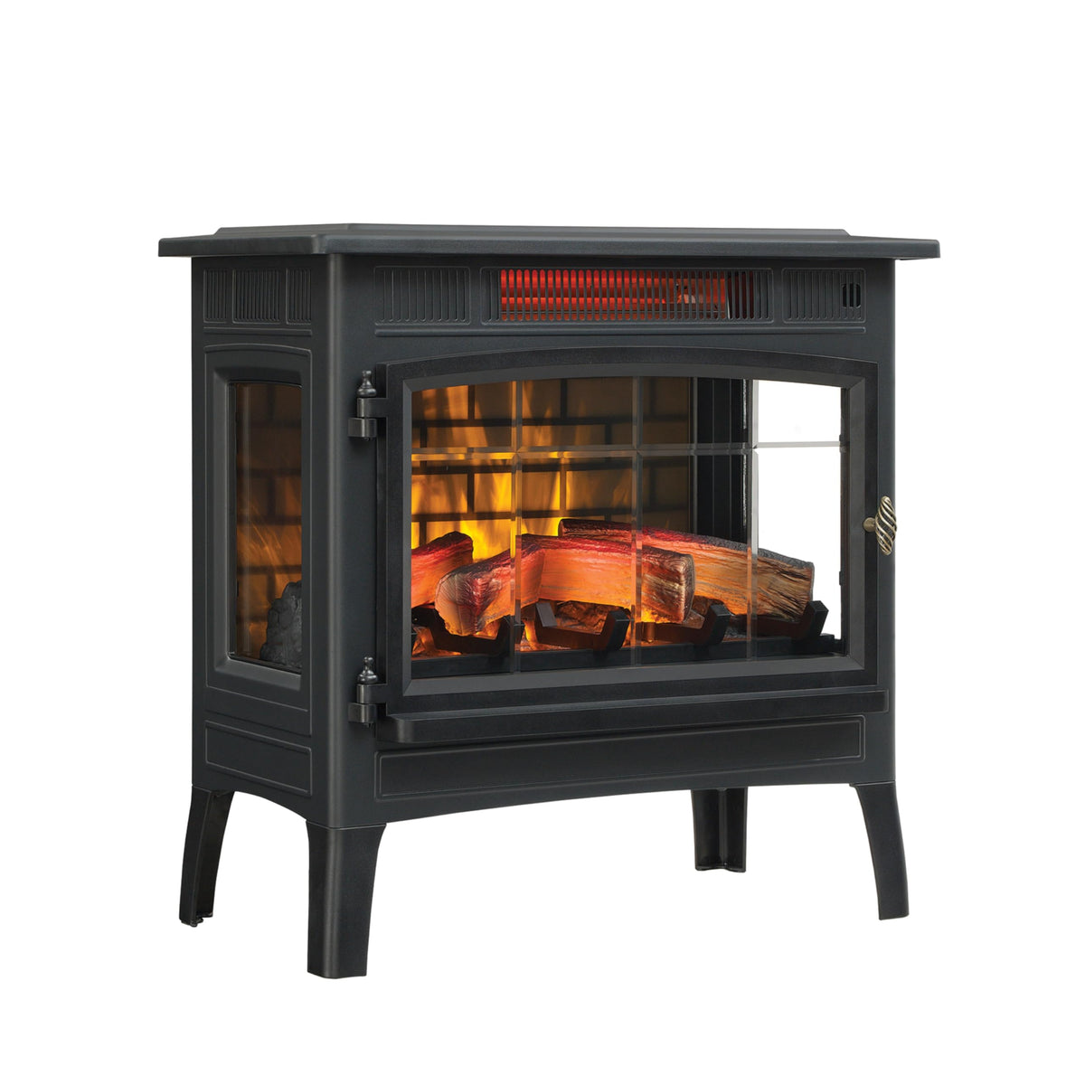 Duraflame stove front view showing 3D flames and brick back panel for ambiance