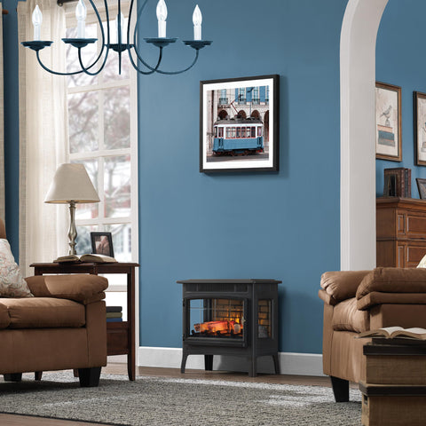Duraflame stove side view with viewing windows for easy heat placement