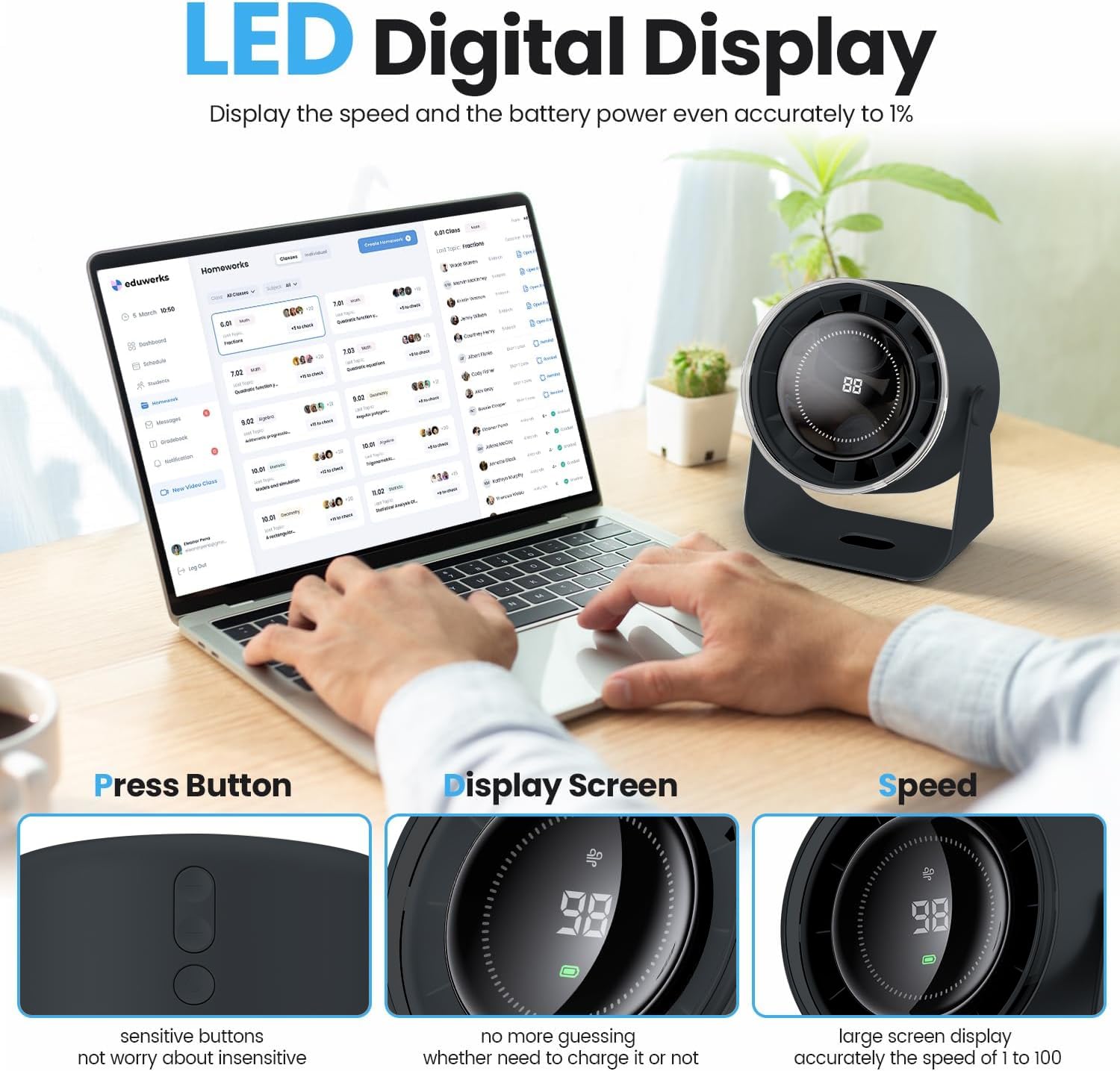 DURBESTER LED digital display shows battery life and speed for quick adjustments.