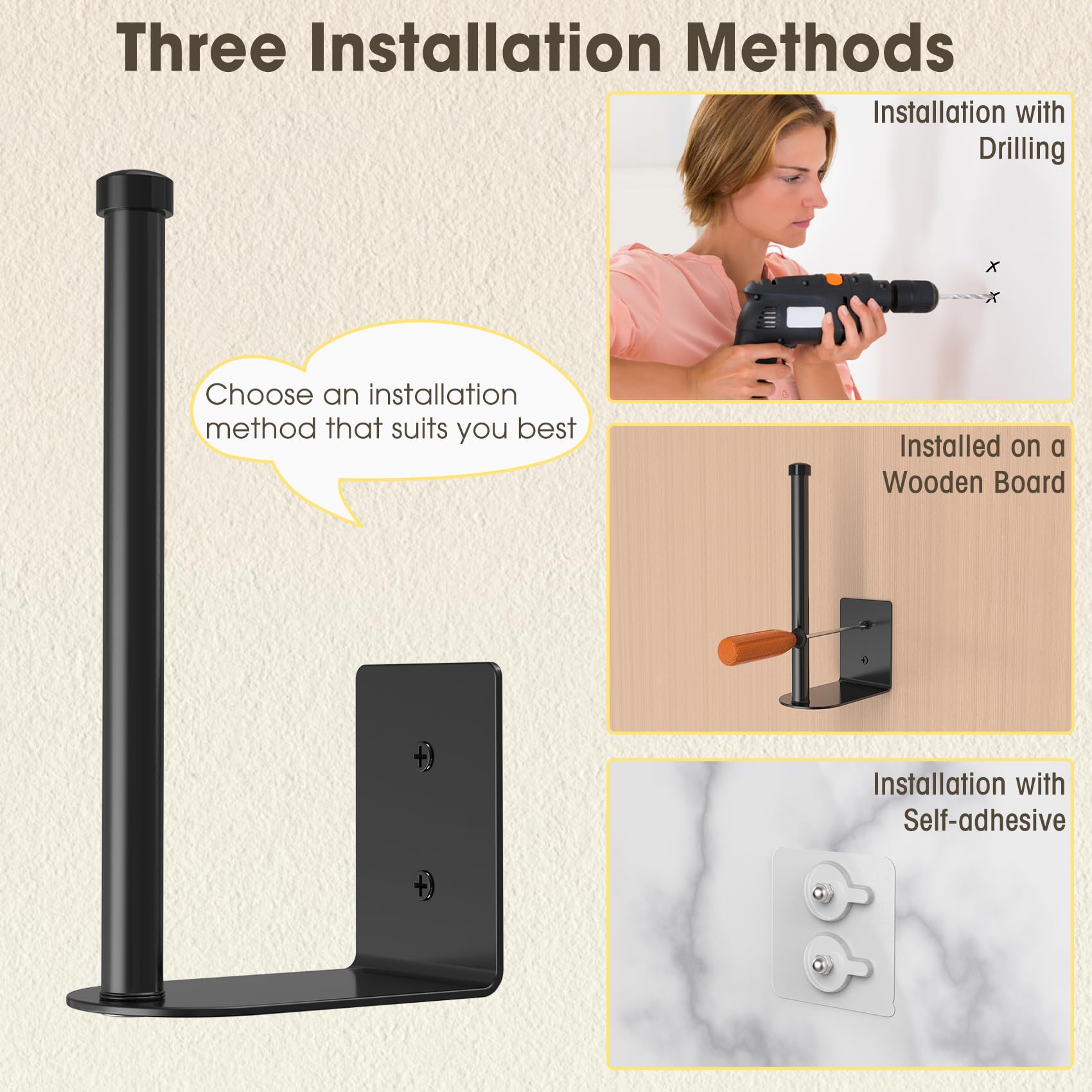 Drilled installation shown on wall for secure mounting.