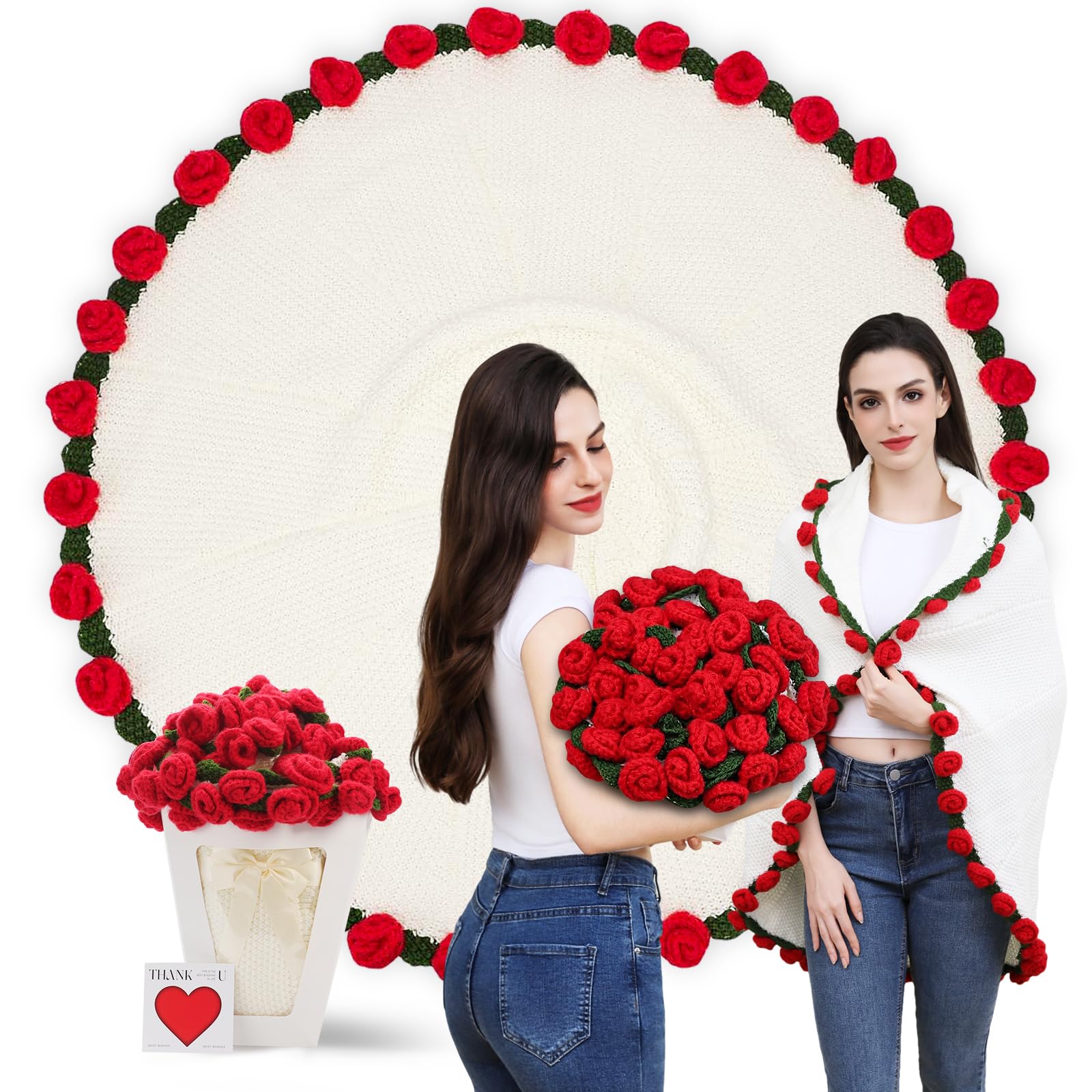 Duryeo crochet rose bouquet; charming Mother's Day centerpiece and cozy throw.