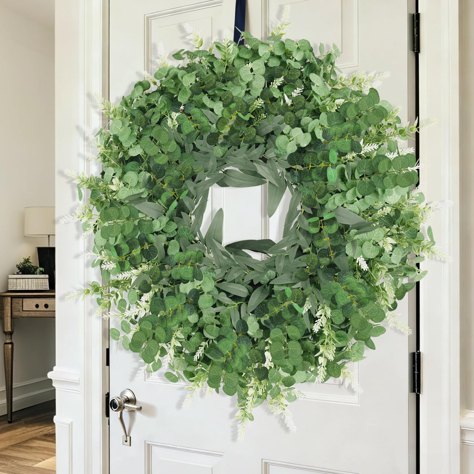 All‑season indoor/outdoor wreath suitable for walls, doors, and mantels.