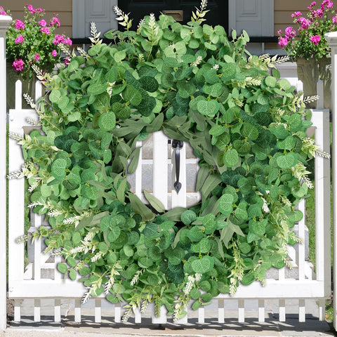 Detailed eucalyptus leaves in multiple greens for rich texture and contrast.