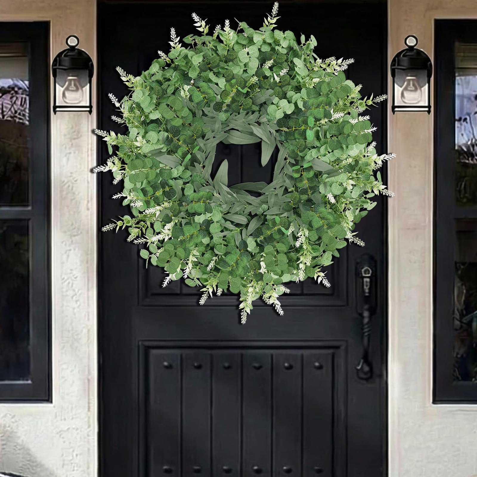 Weather‑resistant wreath maintains shape during wind and rain for durable decor.