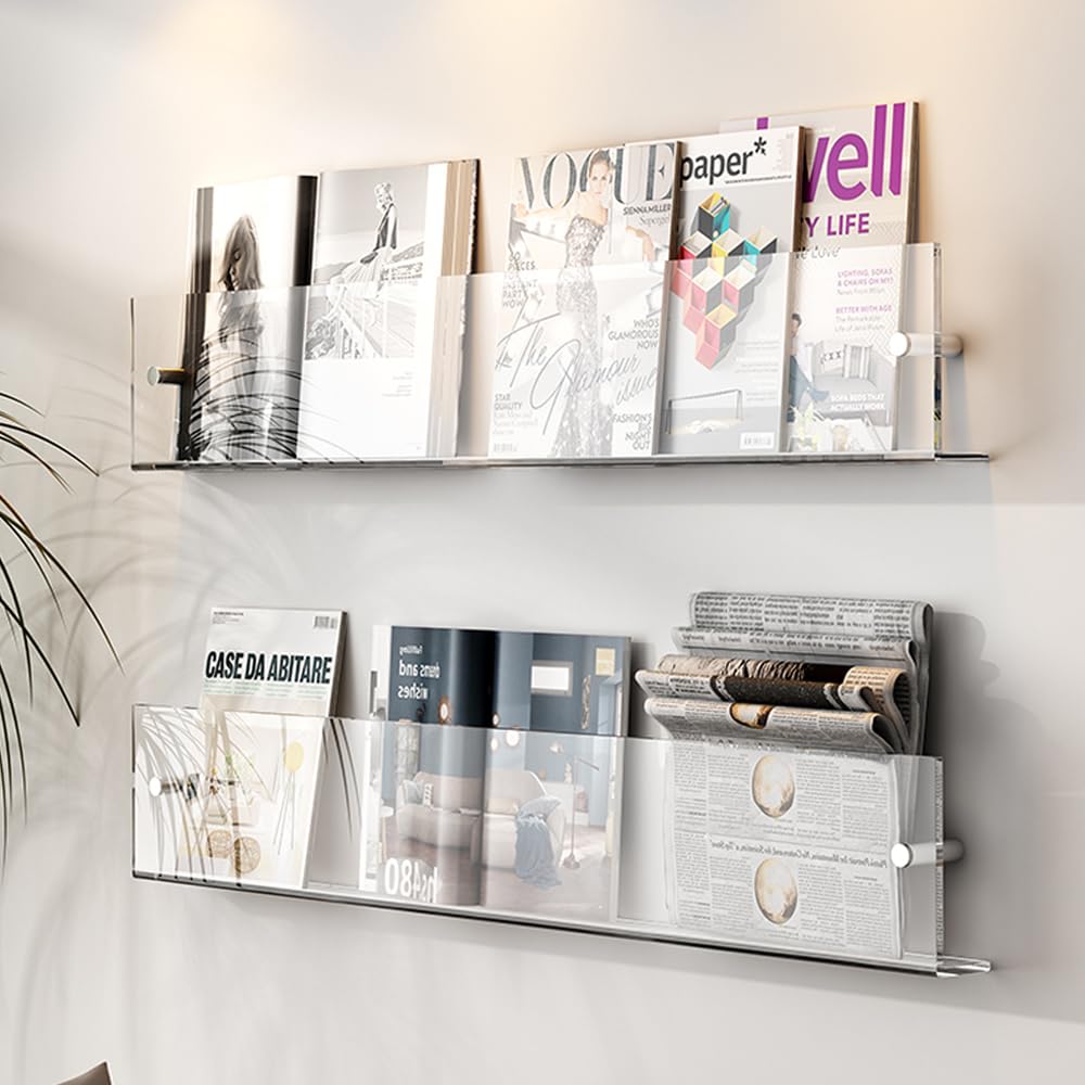 DuvinDD acrylic magazine holder front lip prevents magazines from sliding out.
