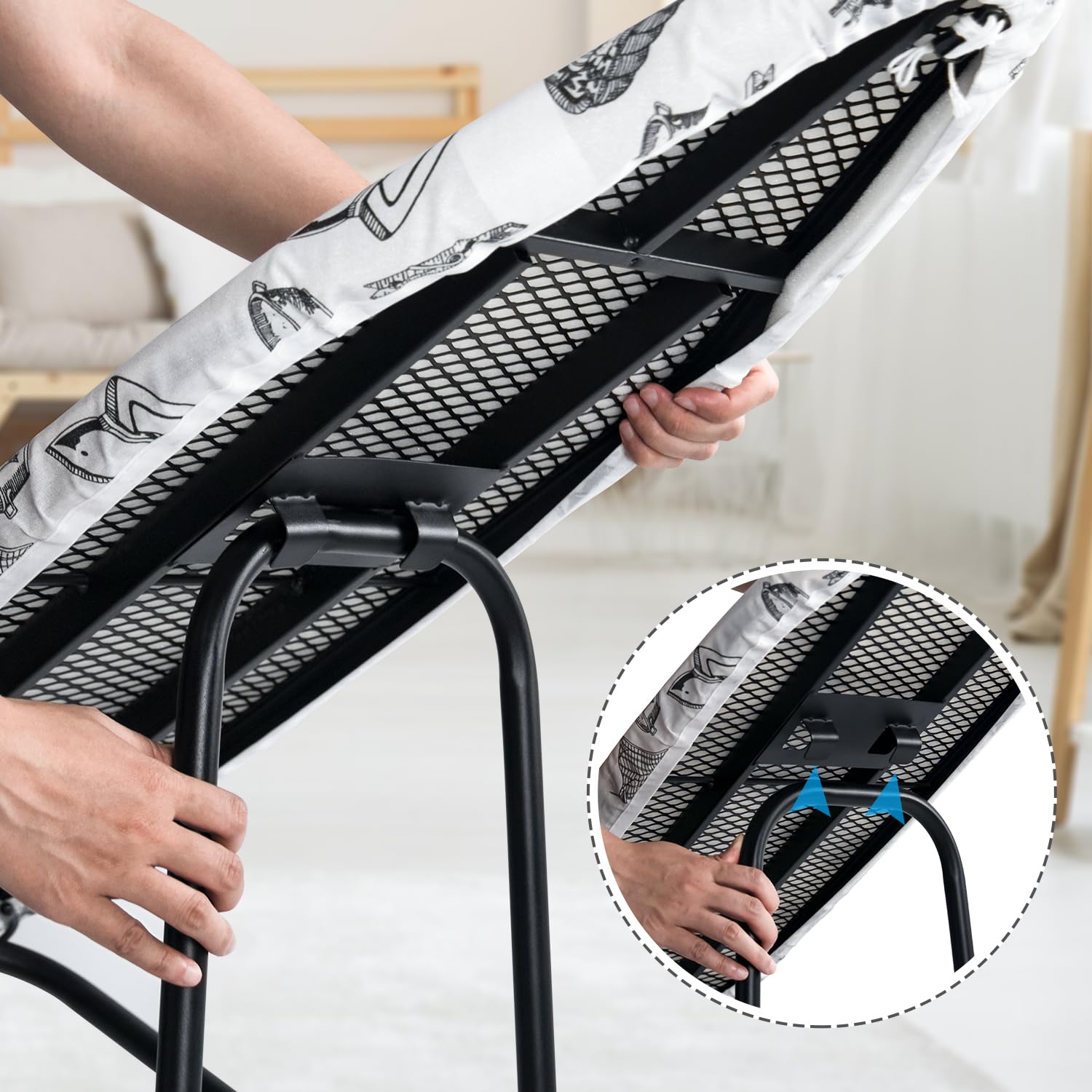 Duwee ironing board with foldable legs for easy storage after use.