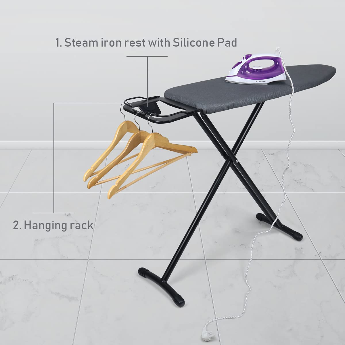 Duwee ironing board's heavy-duty legs ensure steadfast stability during ironing.