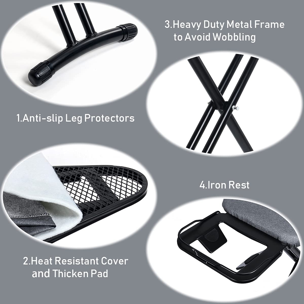 Duwee ironing board provides seven-height adjustments for seated or standing use.