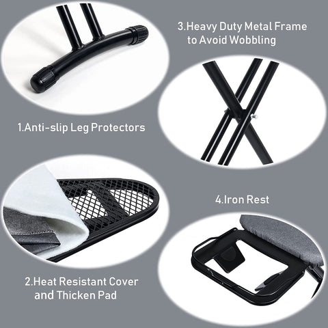 Duwee ironing board provides seven-height adjustments for seated or standing use.