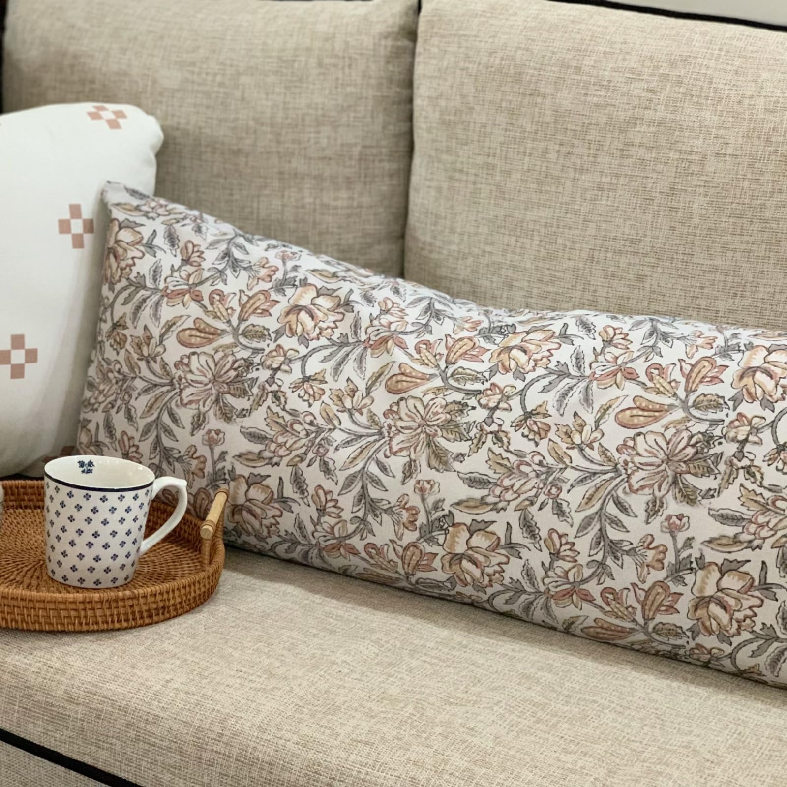 Duzziyyaa floral throw pillow cover 14x36 with vintage double block print for cozy spaces.