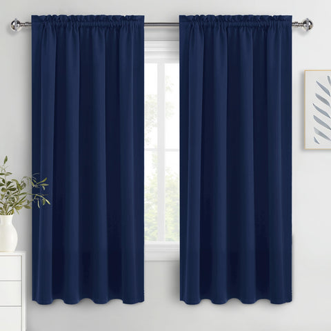 DWCN navy blue blackout curtain panel demonstrates smooth fabric and light-blocking capability for darker rooms