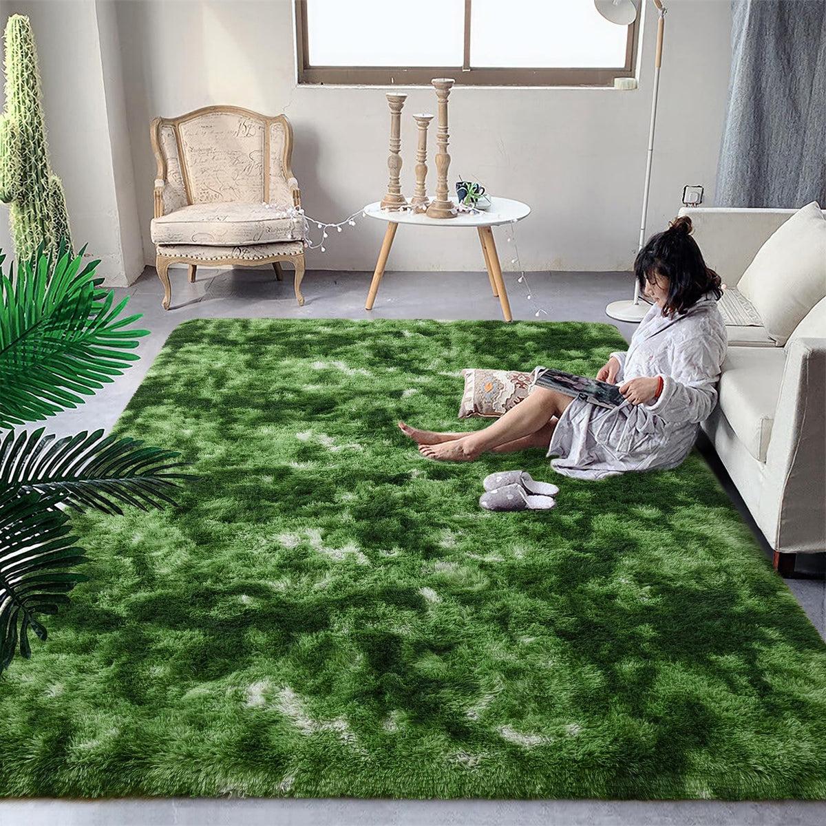 DweIke fluffy dark green rug 3x5 for cozy living spaces.