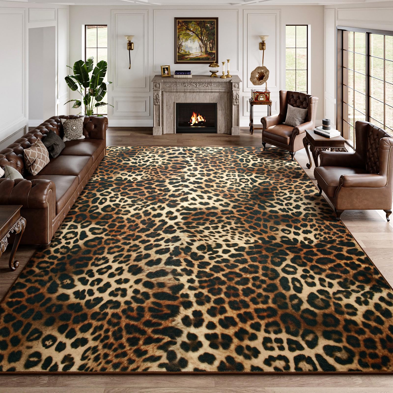 DweIke Leopard Rug in living room showing soft texture and warm ambience.