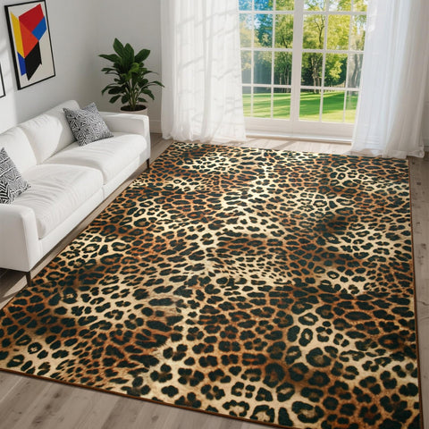 DweIke leopard rug with non-slip back keeps rugs in place on hard floors.